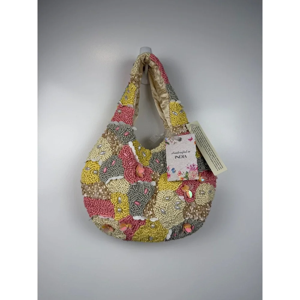 NWT Handcrafted India Beaded Hobo Bag Pastel Sequin Pearl Embellished New